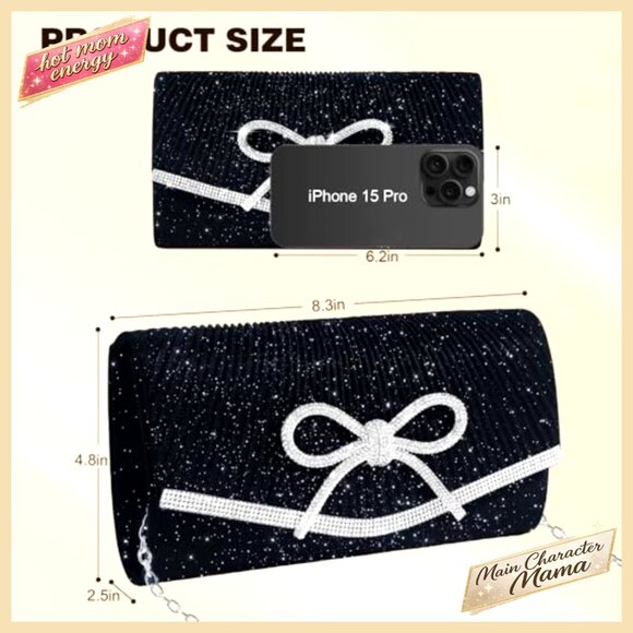 Sparkly Rhinestone Bow Evening Clutch with Detachable Chain Strap - Picture 6 of 7